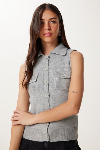 Happiness İstanbul Women's Gray Polo Neck Knitwear Vest Yy00244