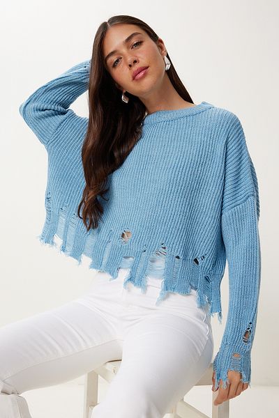 Happiness İstanbul Pulover de tricotaj oversize cu detalii rupte albastre de damă ki00098