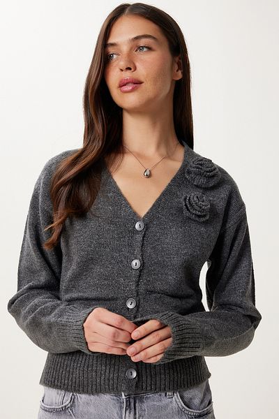 Happiness İstanbul Women's Anthracite Flower Detailed Knitwear Cardigan Yy00250