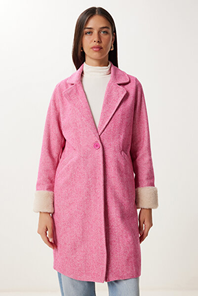 Happiness İstanbul Női sötét rózsaszín duplasoros galléros szőrme kabát DD01367