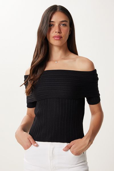 Happiness İstanbul Women's Black Carmen Collar Knitwear Blouse Mu00016