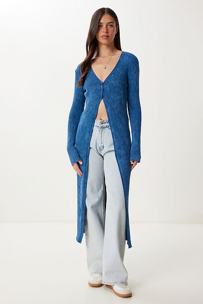 Happiness İstanbul Women's Indigo Blue Washed Long Knitwear Cardigan Ns00461