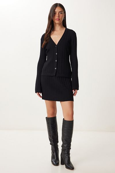 Happiness İstanbul Women's Black Mini Knitwear Skirt Cardigan Set Yy00248