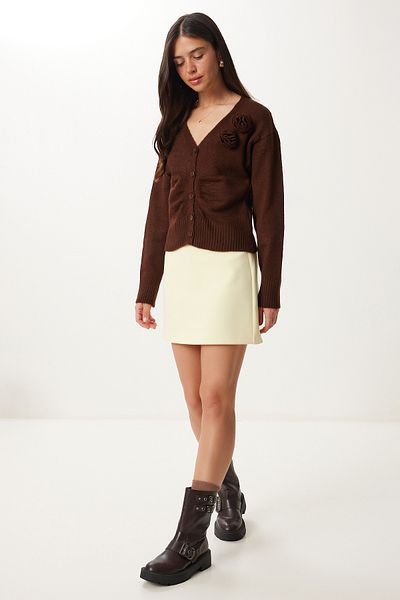 Happiness İstanbul Women's Brown Floral Detailed Knitwear Cardigan Yy00250