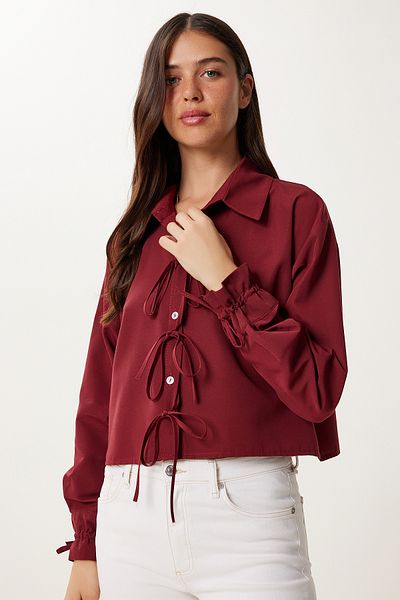 Happiness İstanbul Cămașă țesută crop cu șireturi bordeaux pentru femei BV00178