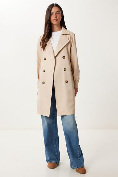 Happiness İstanbul Women's Cream Double Breasted Collar Belted Seasonal Trench Coat Dd01374