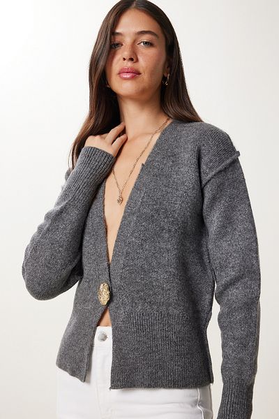 Happiness İstanbul Women's Anthracite Stylish Buttoned Knitwear Cardigan Ki̇00131