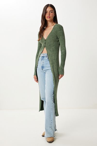 Happiness İstanbul Women's Khaki Washed Long Knitwear Cardigan Ns00461