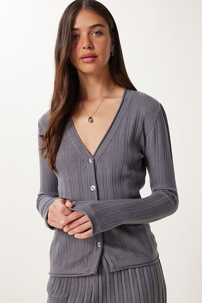 Happiness İstanbul Women's Gray Mini Knitwear Skirt Cardigan Set Yy00248