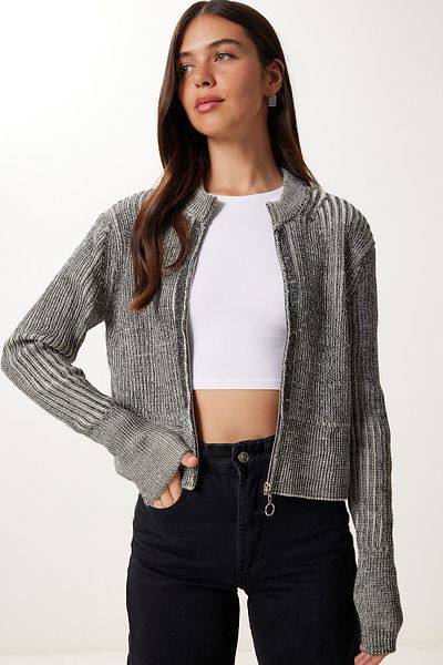 Happiness İstanbul Women's Ecru Black Stand Collar Zippered Knitwear Cardigan Yy00249