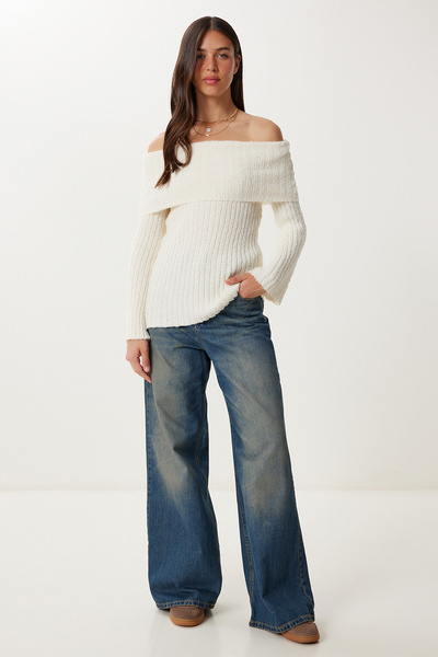 Happiness İstanbul Damen Pullover mit Carmen-Kragen aus strukturiertem Strick YY00252