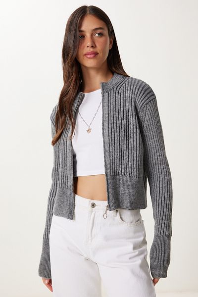 Happiness İstanbul Women's Gray Stand Collar Zippered Knitwear Cardigan Yy00249