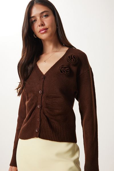 Happiness İstanbul Women's Brown Floral Detailed Knitwear Cardigan Yy00250