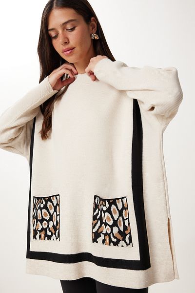 Happiness İstanbul Women's Stone Leopard Pocket Contrast Color Knitwear Sweater Yy00258