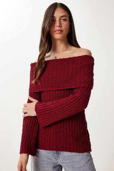 Happiness İstanbul Women's Burgundy Carmen Collar Textured Knitwear Sweater Yy00252