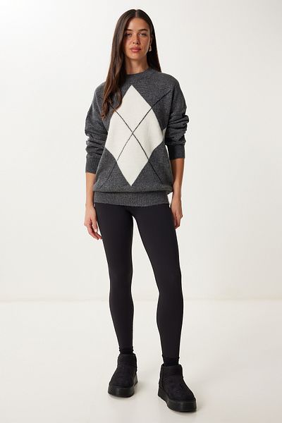 Happiness İstanbul Women's Anthracite Bone Diamond Patterned Knitwear Sweater Dd01366