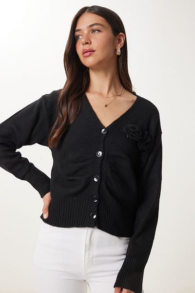 Happiness İstanbul Women's Black Flower Detailed Knitwear Cardigan Yy00250