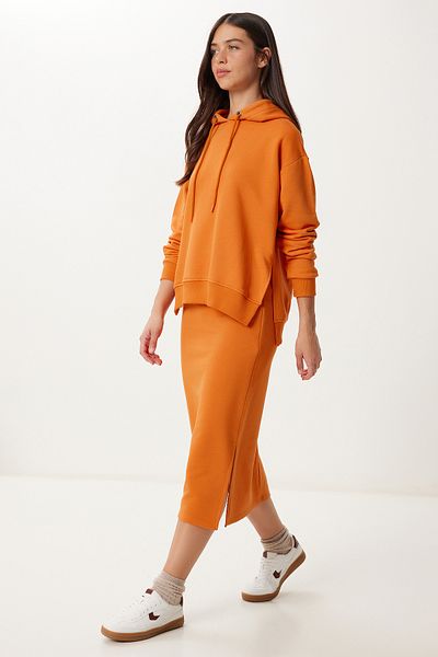 Happiness İstanbul Women's Orange Knitted Sweatshirt Skirt Set Rc00164