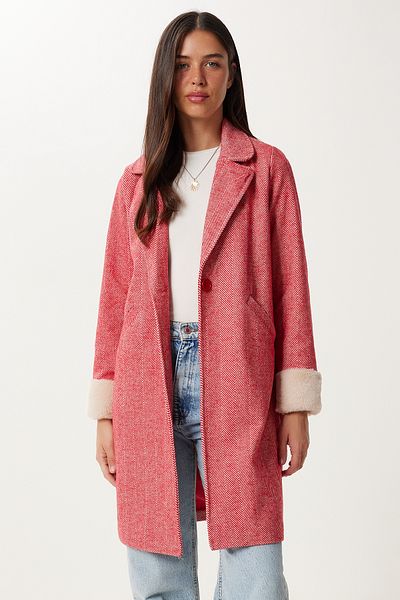 Happiness İstanbul Women's Red Double Breasted Collar Fur Cashmere Coat Dd01367