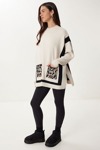 Happiness İstanbul Women's Stone Leopard Pocket Contrast Color Knitwear Sweater Yy00258