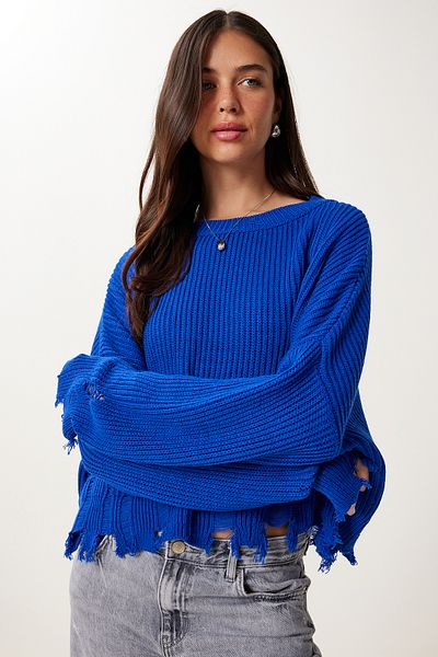 Happiness İstanbul Pulover de damă albastru închis cu detalii rupte oversize ki00098