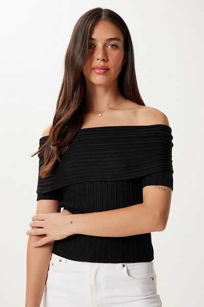 Happiness İstanbul Women's Black Carmen Collar Knitwear Blouse Mu00016