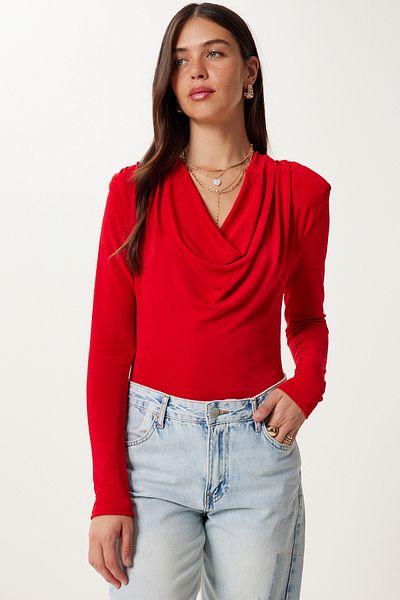 Happiness İstanbul Women's Red Padded Degaje Collar Knitted Blouse Rc00163