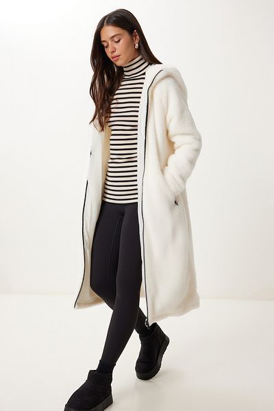 Happiness İstanbul Women's Bone Hooded Long Plush Coat Dd01373