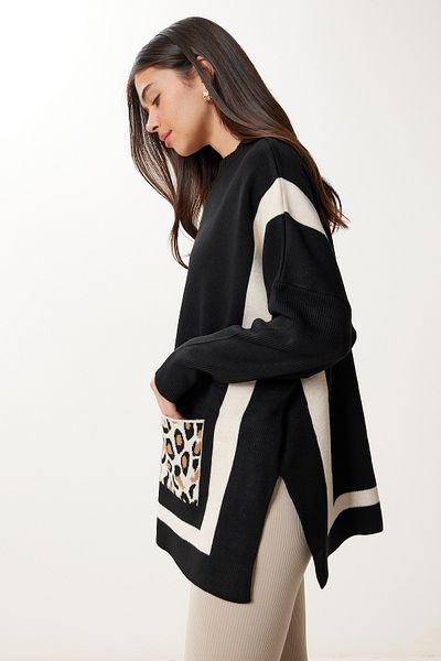 Happiness İstanbul Women's Black Leopard Pocket Contrast Color Knitwear Sweater Yy00258