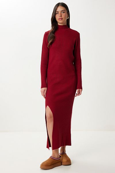 Happiness İstanbul Women's Burgundy Slit Flexible Knitwear Dress Yy00257