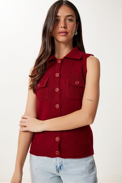 Happiness İstanbul Women's Burgundy Polo Neck Knitwear Vest Yy00244