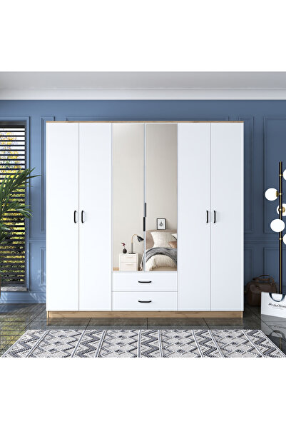 Rani Mobilya Rani BA130 Geniş Gardırop Elbise Dolabı Aynalı Kapaklı 2 Çekmeceli 3 Askılı Sepet Ceviz - Beyaz