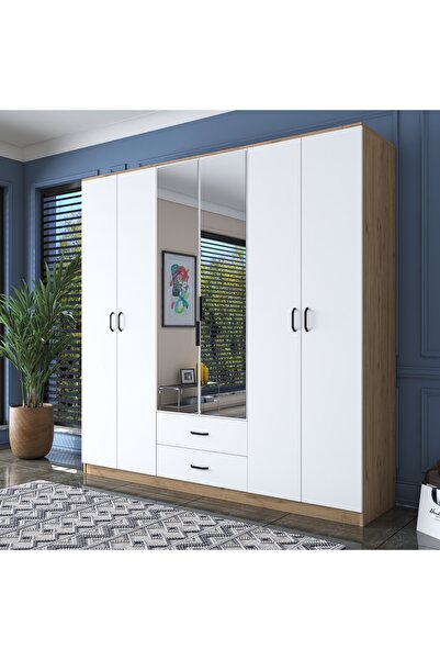 Rani Mobilya Rani BA130 Geniş Gardırop Elbise Dolabı Aynalı Kapaklı 2 Çekmeceli 3 Askılı Sepet Ceviz - Beyaz