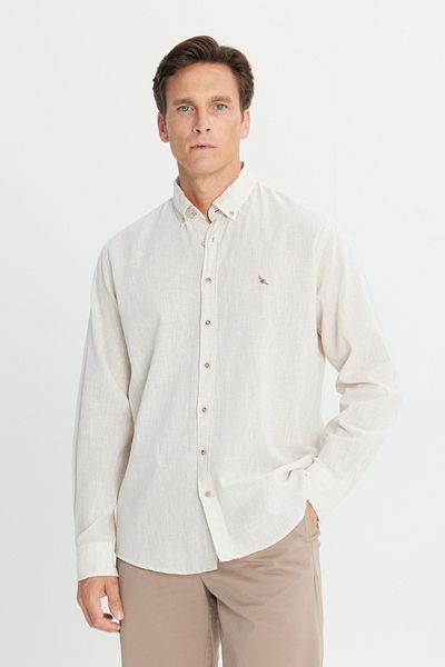 ALTINYILDIZ CLASSICS Ανδρικό μπεζ Comfort Fit Άνετο πουκάμισο με γιακά με κουμπιά και βαμβακερό εμπριμέ