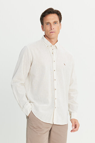 ALTINYILDIZ CLASSICS Men's Beige Comfort Fit Relaxed Cut Buttoned Collar Cotton Printed Shirt