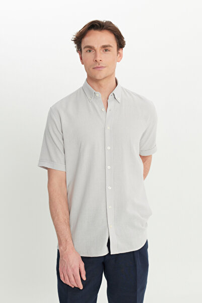 AC&Co / Altınyıldız Classics Men's Light Gray Linen Look 100% Cotton Dobby Button Collar Shirt Comfort Fit Relaxed Fit