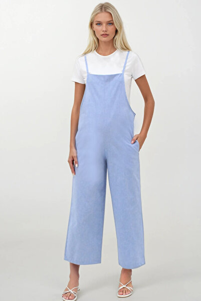 Trend Alaçatı Stili Kadın Mavi Çift Cepli İp Askılı Dokuma Salopetve Ti-Shirt Takım ALC-X14264