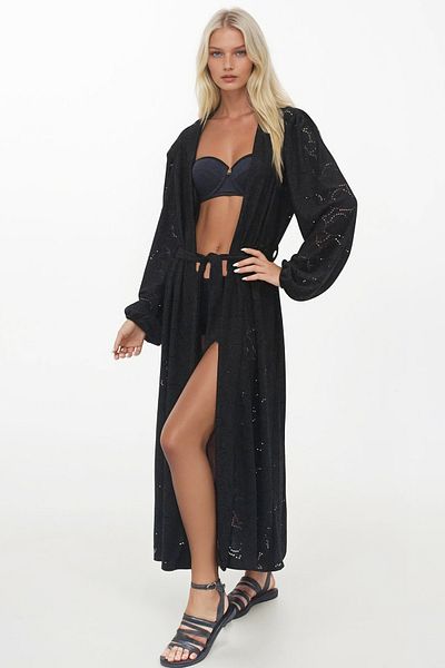 Trend Alaçatı Stili Kimono negru cu centură pentru femei ALC-X14256