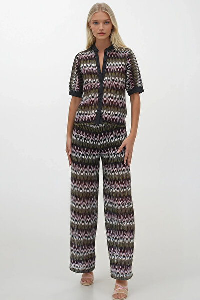 Trend Alaçatı Stili Women's Khaki Judge Collar Openwork Shirt and Lined Palazzo Pants Set Alc-X14255