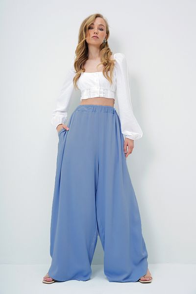 Trend Alaçatı Stili Pantaloni de damă, albastru aviator, cu buzunare duble, drapati, cu croiala largi, ALC-X13879