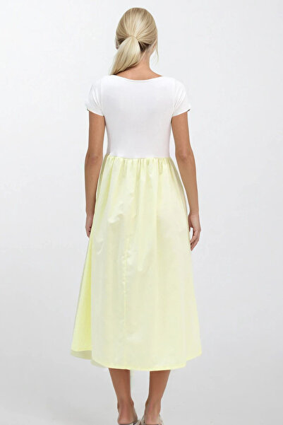 Trend Alaçatı Stili Kadın Sarı Bisiklet Yaka Beli Lastikli Renk Bloklu Maxi Boy Elbise ALC-X14278