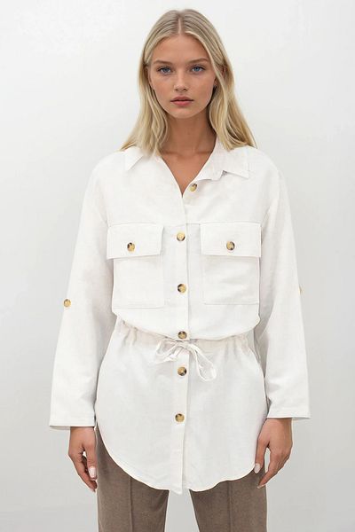 Trend Alaçatı Stili Women's Ecru Double Pocket Padded Linen Safari Shirt Jacket Alc-X14261