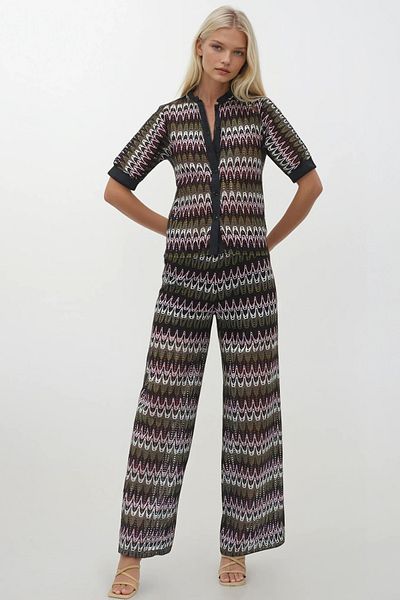 Trend Alaçatı Stili Women's Khaki Judge Collar Openwork Shirt and Lined Palazzo Pants Set Alc-X14255