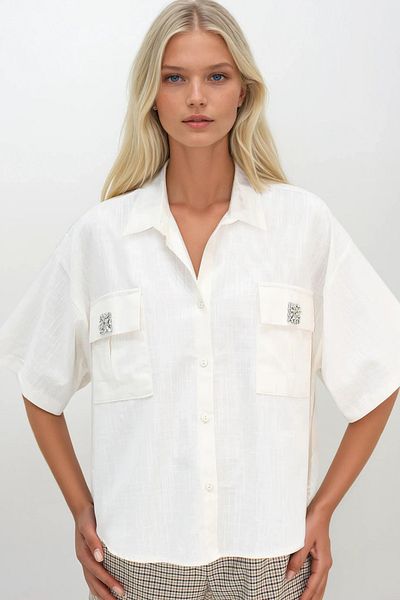 Trend Alaçatı Stili Women's Ecru Double Pocket Accessory Detailed Half Sleeve Linen Shirt Alc-X14269
