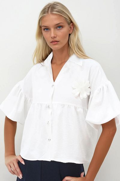 Trend Alaçatı Stili Cămașă crop din bumbac Kubra cu mâneci cu balon alb pentru femei ALC-X14270