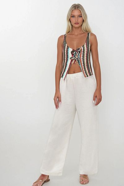Trend Alaçatı Stili Women's Ecru Hole Openwork Lacing Detailed Vest and Linen Palazzo Trousers Set Alc-X14252