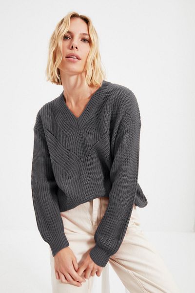 Trendyol Collection Anthracite Openwork/Perforated V-Neck Knitwear Sweater Twoaw21Kz0690