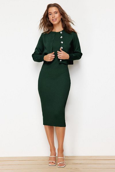 Trendyol Collection Emerald Green Midi Knitwear Basic Ζακέτα Φόρεμα TWOSS23EL00738