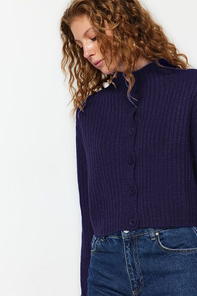 Trendyol Collection Navy Blue Crop Soft Textured Stand Collar Knitwear Cardigan Twoaw22Hi0174