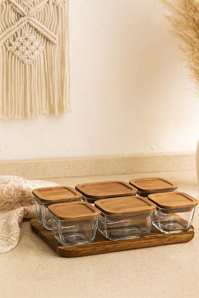 Kitchen Life Acacia Vacuum Covered Glass Breakfast Set - 13 Piece Breakfast Set with Presentation Tray